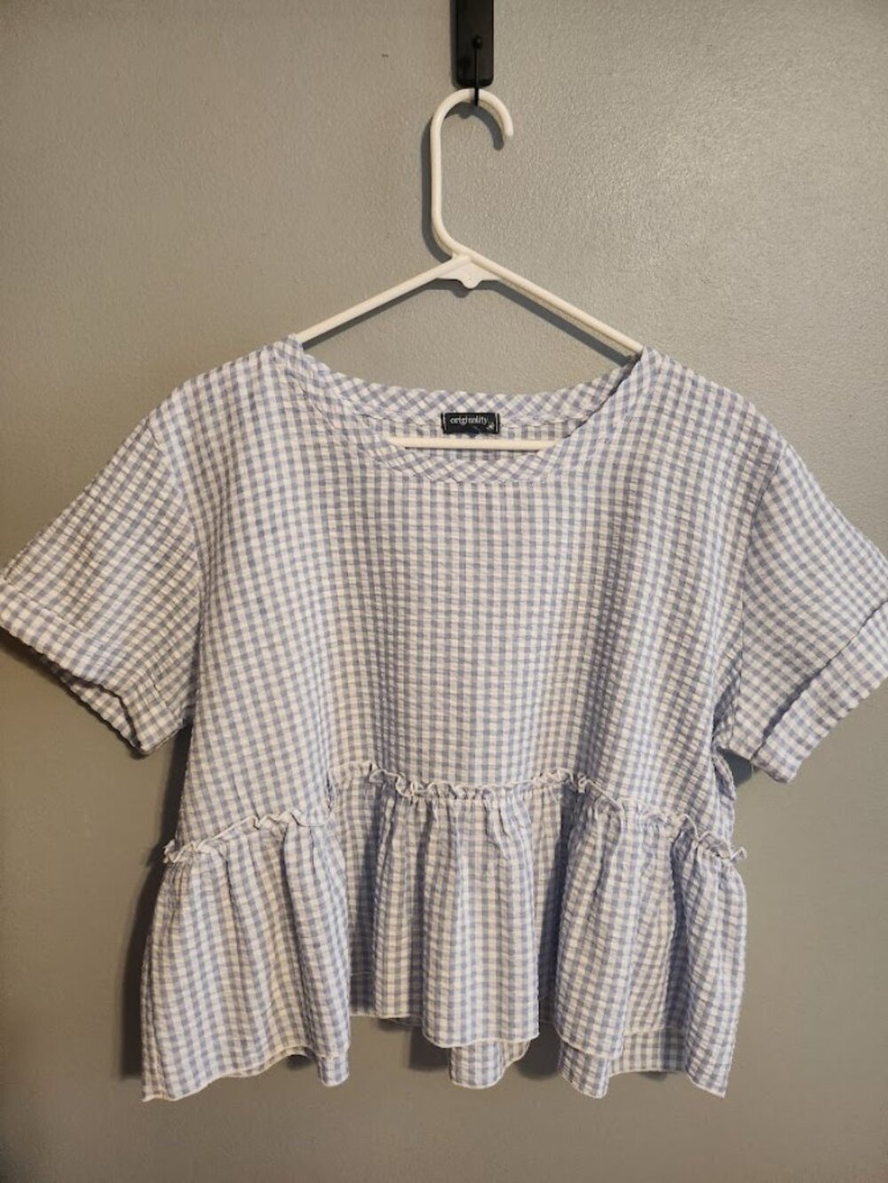 Originality Women's Gingham Peplum Top Light Blue and White Size XL
